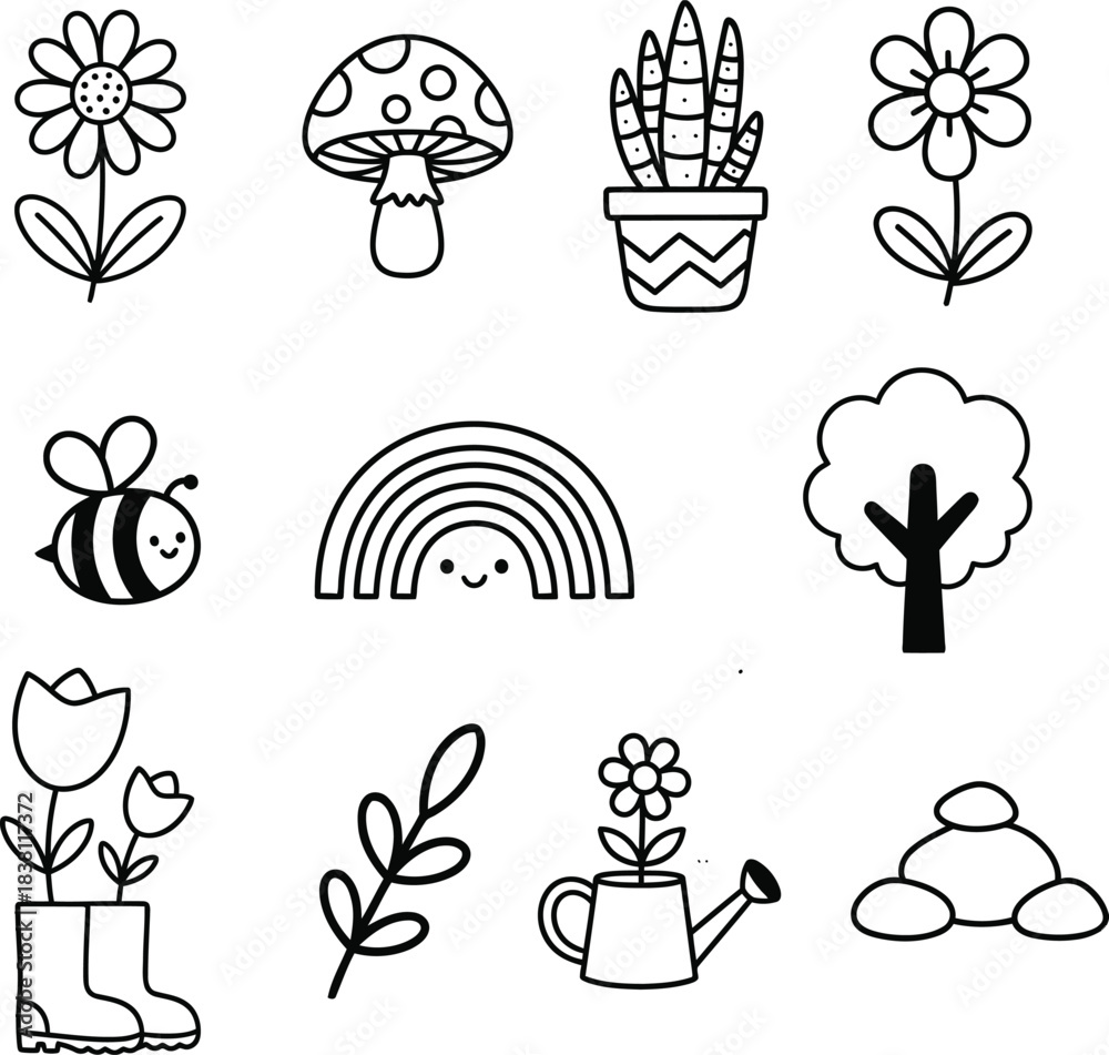Fototapeta premium Charming Set of Hand-Drawn Nature Elements for Kids Cute Doodle Icons, Spring Flowers, Bee, Rainbow, Tree, and Garden Illustrations for Coloring Pages and Simple Designs