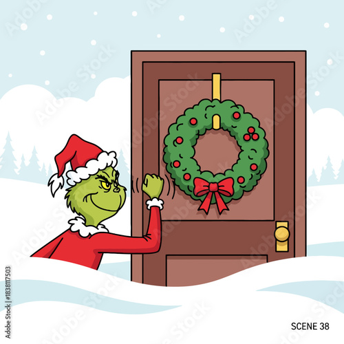 A green creature in a red Santa suit and hat knocking on a brown door adorned with a Christmas wreath in a snowy winter scene.