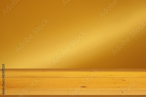 Wooden table surface separated, blurred background, golden curtain stage