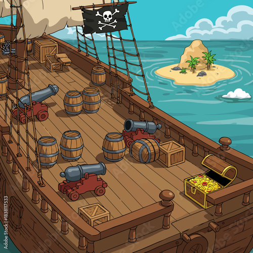 A detailed cartoon illustration of a pirate ship deck with cannons, barrels, a treasure chest, and a pirate flag, sailing towards a tropical island.