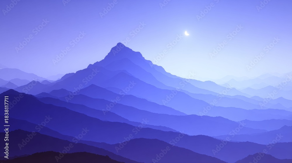 Naklejka premium Serene blue mountain range with crescent moon in clear sky. Landscape for background, travel, graphic design, and nature concept.