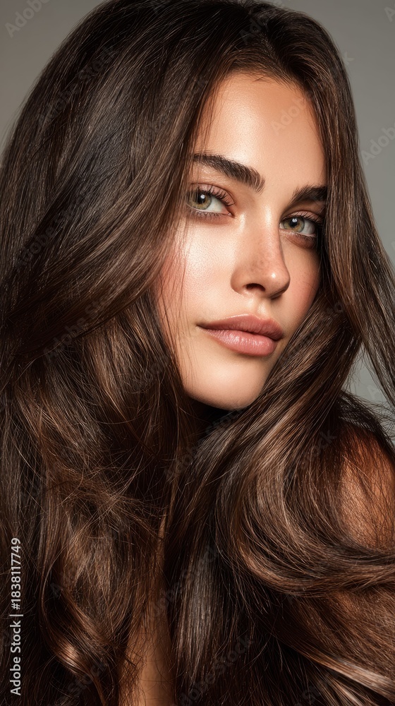 Fototapeta premium Close up portrait of a young caucasian woman with beautiful long brown hair and natural makeup. Beauty and skincare concept for cosmetics advertising.