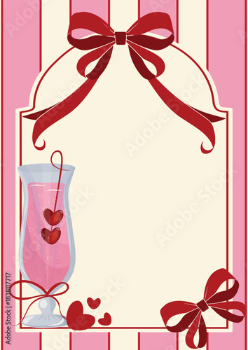 poster template without text with pink stripes in the background, rectangular frame for text, red bow and pink cocktail in a tall glass, Valentine's Day design