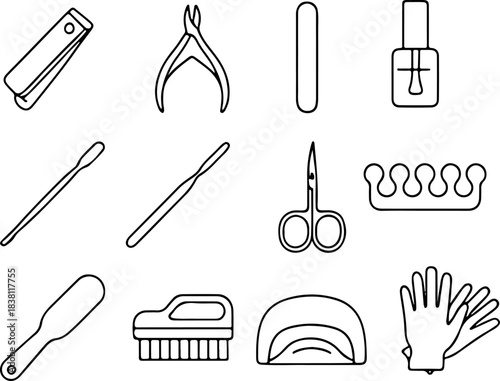 set of tools for manicure and pedicure in line art style, for stickers, social networks or other thematic designs