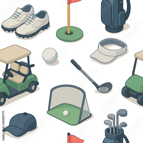 pattern with golf themed icons in pastel colors in isometric style with various balls and clothing, for sports themed designs