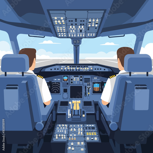Two pilots in an airplane cockpit preparing for takeoff, with a view of the runway and sky through the windshield.