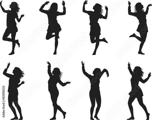 Dance silhouette poses, female dancer movement, expressive body gesture, black vector illustration, dynamic action, flat design, performance icon, graceful motion
