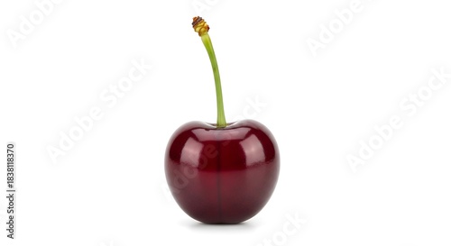 Single Ripe Red Cherry with Stem on White Background