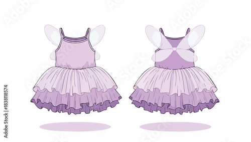 Magical fairy dress with delicate butterfly wings costume for whimsical children's imaginations in light lavender hue with ruffled skirt design