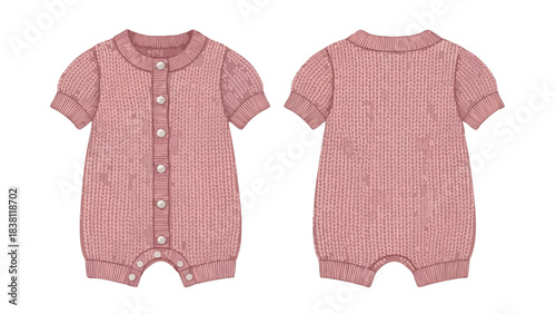 Watercolor Illustration of Vintage-Style Knitted Baby Romper in Soft Pink Hues Depicting Front and Back Views