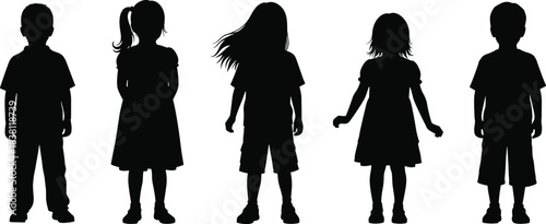 Black Silhouettes of Diverse Young Children Standing Still Representing Childhood, Innocence, Education, Youth, and People Concepts for Stock