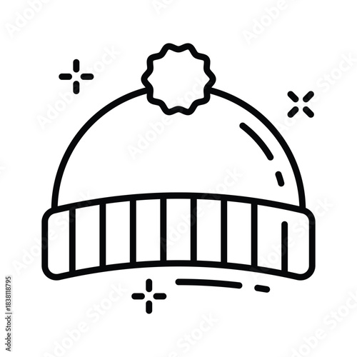 outline icon of cozy knitted winter hat with pom pom for Christmas season