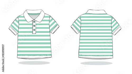 Illustrative polo shirt design with light green and white stripes for children's fashion concept
