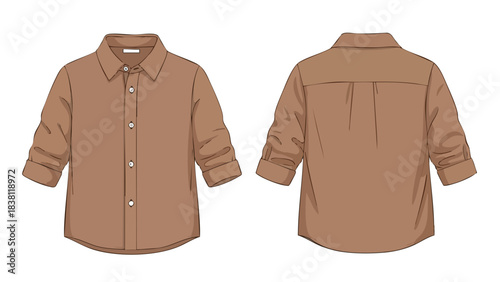 Brown long-sleeve shirt technical drawing showcasing the front and back, perfect for fashion design and textile manufacturing visuals