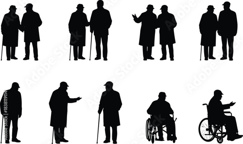 Silhouettes of diverse senior men standing, walking with canes, talking, and sitting in a wheelchair, representing aging, retirement, and elderly care.