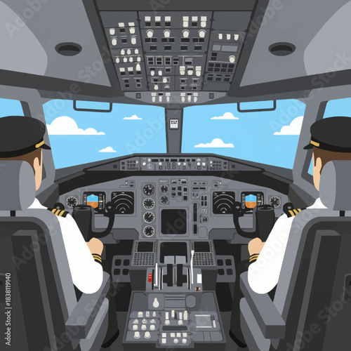 Two pilots in uniform are seated in the cockpit of an airplane, surrounded by a complex array of instruments, screens, and controls, with a view of the sky.