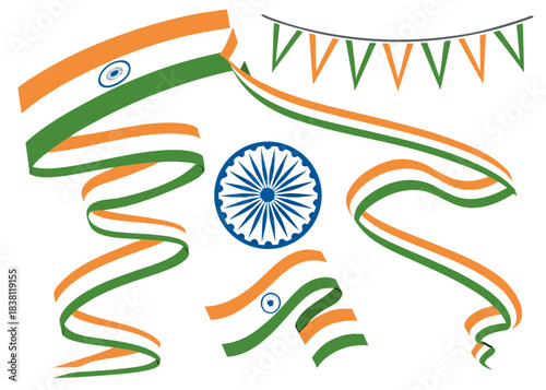 Swirling saffron, white, and green ribbons frame a bold navy Ashoka Chakra, accented by festive triangular pennants an energetic tribute to Indian patriotism and national pride.