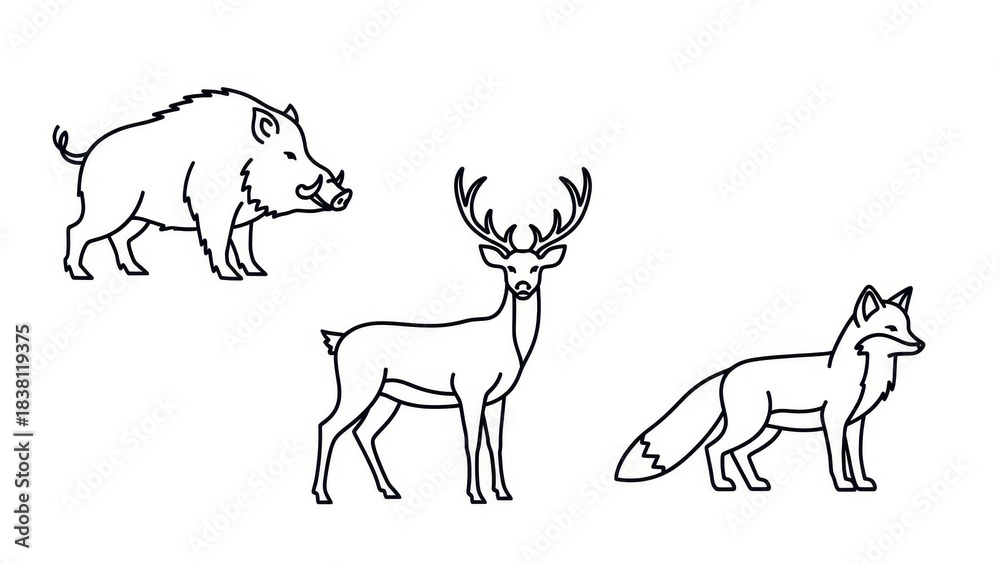 Naklejka premium Stylized wild animal line art illustration featuring boar deer and fox for design element use