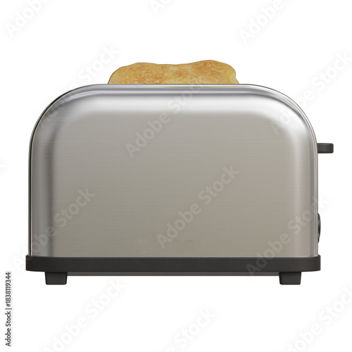 Stainless steel toaster with golden brown toast on top placed on kitchen countertop