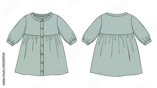 Technical drawing of a baby dress with long sleeves and buttoned front design illustration