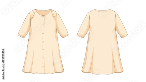 Front and back view of a light beige baby dress, showcasing a simple design with long sleeves and button details along the center, set against a