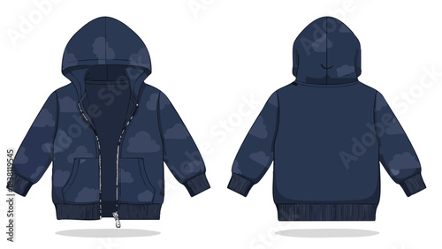 Cloud Patterned Zip-Up Hoodie Vector Illustration Showing Front and Back Views for Fashion Design and Apparel Manufacturing Visualization