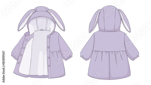 Stylized baby coat with bunny ears on the hood, depicted from the front and back views in lilac shade demonstrating its unique design and features