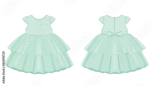 Elegant light green toddler dress with two tiered skirt and dainty bow illustration