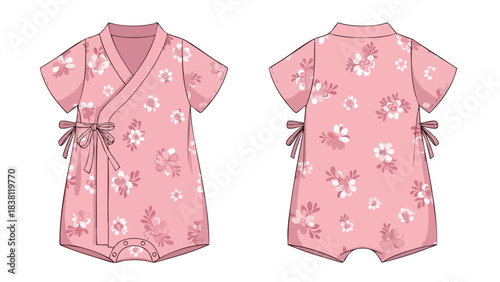 Detailed garment technical drawing of a baby's short-sleeved floral romper showcasing front and back views