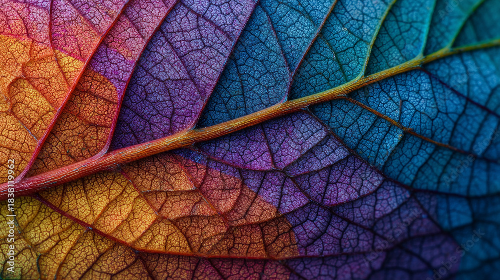 Obraz premium Colorful leaf displays a pattern of veins and textures in a close-up view in natural light