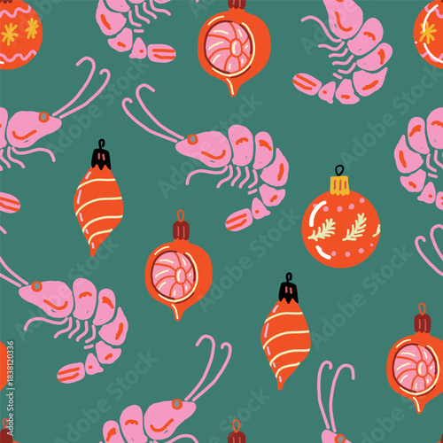 Hand Drawn Christmas Shrimps and Ornaments Seamless Pattern in Pink and Green
