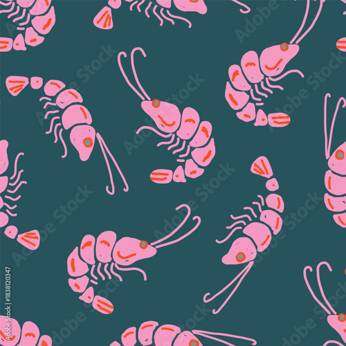 Pink Shrimps Seamless Pattern on Teal Background for Summer or Coastal Themed Designs