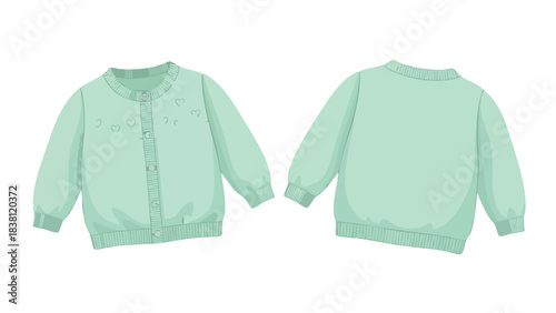 Illustration of a charming, mint-colored cardigan featuring delicate heart accents, showcasing both the front and back design on a white background