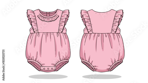 Delicate pink baby romper design with ruffle detail showcases front and back views on a clean white backdrop offering a charming apparel blueprint