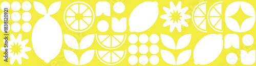 Geometric Flat Lemon and Leaf Tile Design. Vegetable abstract minimalist fruit pattern. Shapes of natural organic flower plants, eco-agriculture citrus. 
