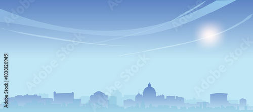 Blue panoramic poster of the city skyline with misty background buildings and clouds of PRAGUE, CZECH REPUBLIC