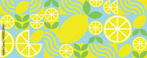 Geometric Flat Lemon and Leaf Tile Design. Vegetable abstract minimalist fruit pattern. Shapes of natural organic flower plants, eco-agriculture citrus. 