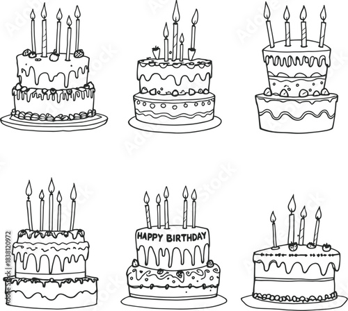 Birthday cake icon set in black line style featuring tiered cakes with candles and HAPPY BIRTHDAY text