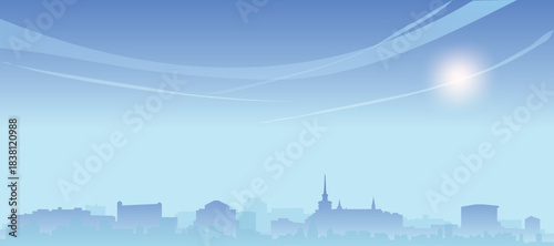 Blue panoramic poster of the city skyline with misty background buildings and clouds of BRNO, CZECH REPUBLIC