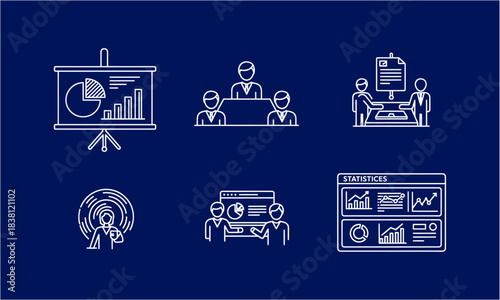 Set of white outline icons illustrating business concepts, including data analysis, team meetings, financial presentations, strategic planning, and digital d...