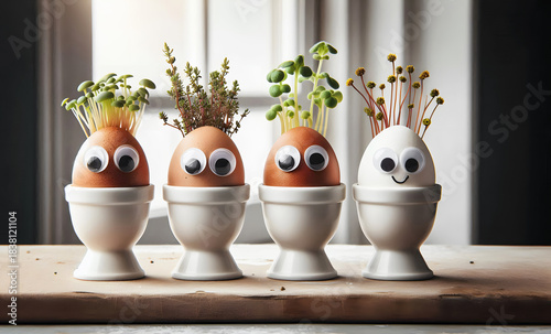 Braune und weiße Eier mit Kulleraugen und mit Kräutern auf einer Fensterbank im Sonnenlicht