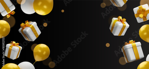 Merry Christmas and Happy New Year banner with 3D realistic gifts and balloons. Luxury black background with gold ribbons and floating presents. Holiday celebration greeting card design