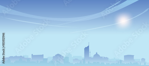 Blue panoramic poster of the city skyline with misty background buildings and clouds of VIENNA, AUSTRIA