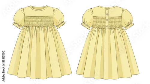 Detailed line drawing of a child's dress design showcasing smocking and classic details for apparel design and pattern creation