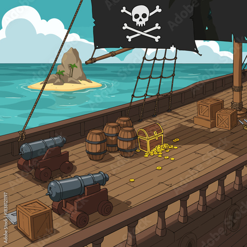 Detailed illustration of a pirate ship deck with cannons, barrels, and an open treasure chest spilling gold coins, sailing past a tropical island under a skull flag.