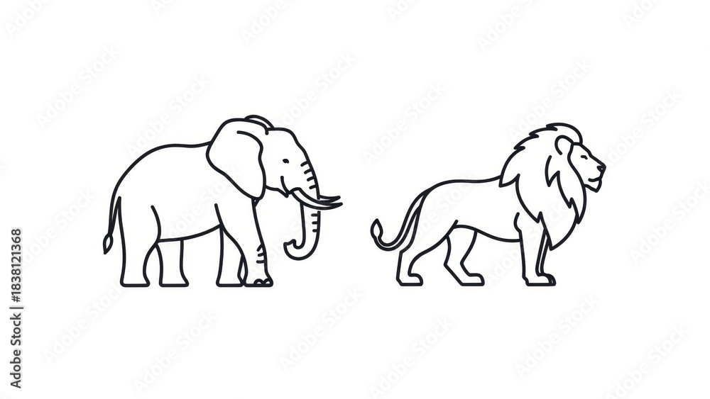Fototapeta premium Elegant minimalist design featuring outline of a majestic lion and an african elephant