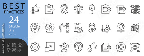 Best Practices Line Icons set. Contains symbols for Quality Management, Compliance, Standard, Workflow, Business Process, and Performance. Vector design for corporate presentations and charts.