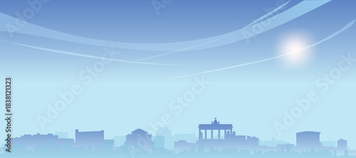 Blue panoramic poster of the city skyline with misty background buildings and clouds of BERLIN, GERMANY