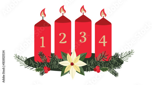 Red Advent Candles with Numbers 1 to 4 and Christmas Floral Arrangement for Holiday Decoration