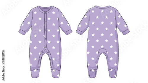 Infant's star-adorned sleepsuit flat lay illustration, capturing the essence of bedtime comfort and celestial charm in soft hues